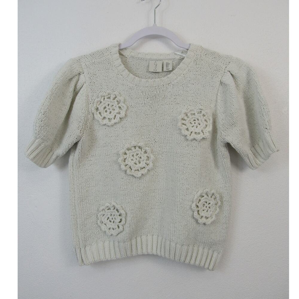 Joie Small White Sweater Flower Crochet Details Puff Sleeves Knit Short Sleeves